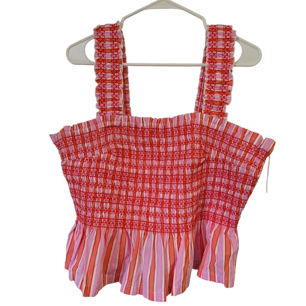 Free Assembly Women XL Pink Orange Striped Smocked Peplum Tank Top NWT